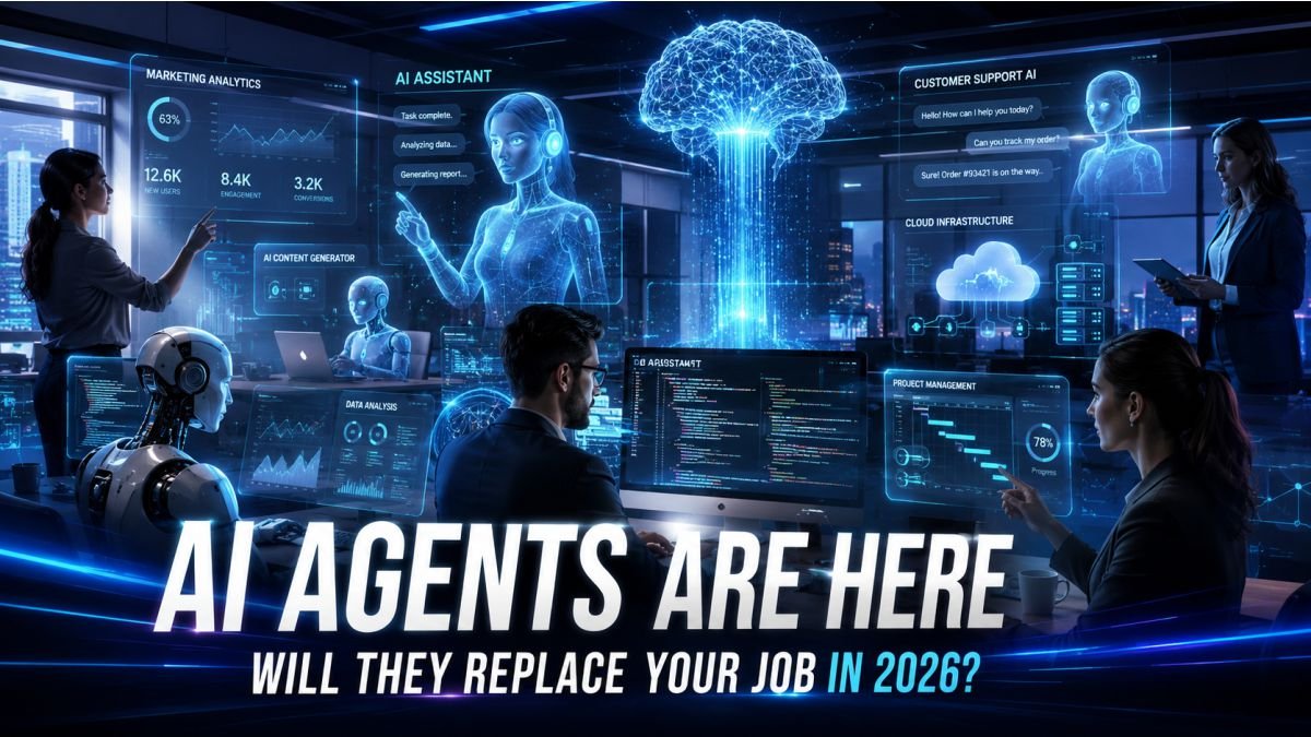 AI Agents working alongside humans in a futuristic office showing the future of jobs and automation in 2026.