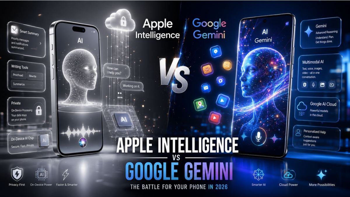 Comparison of Apple Intelligence and Google Gemini AI features on modern smartphones in 2026, highlighting privacy, on-device AI, and mobile productiv