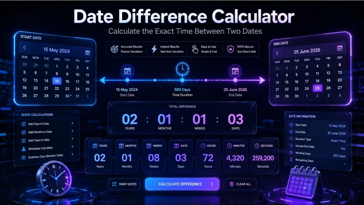 Date Difference Calculator showing the exact difference between two dates in years, months, weeks, and days.