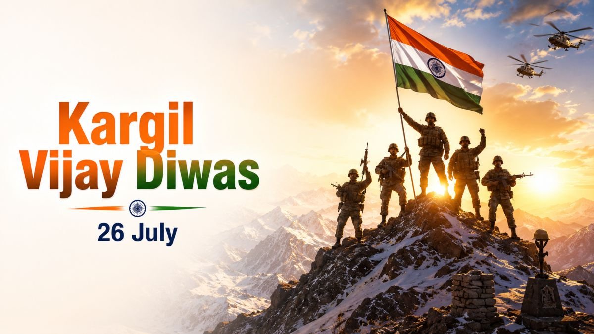 Kargil Vijay Diwas 2026 featured image showing Indian Army soldiers with the Indian National Flag on the Kargil mountains, representing India's victor