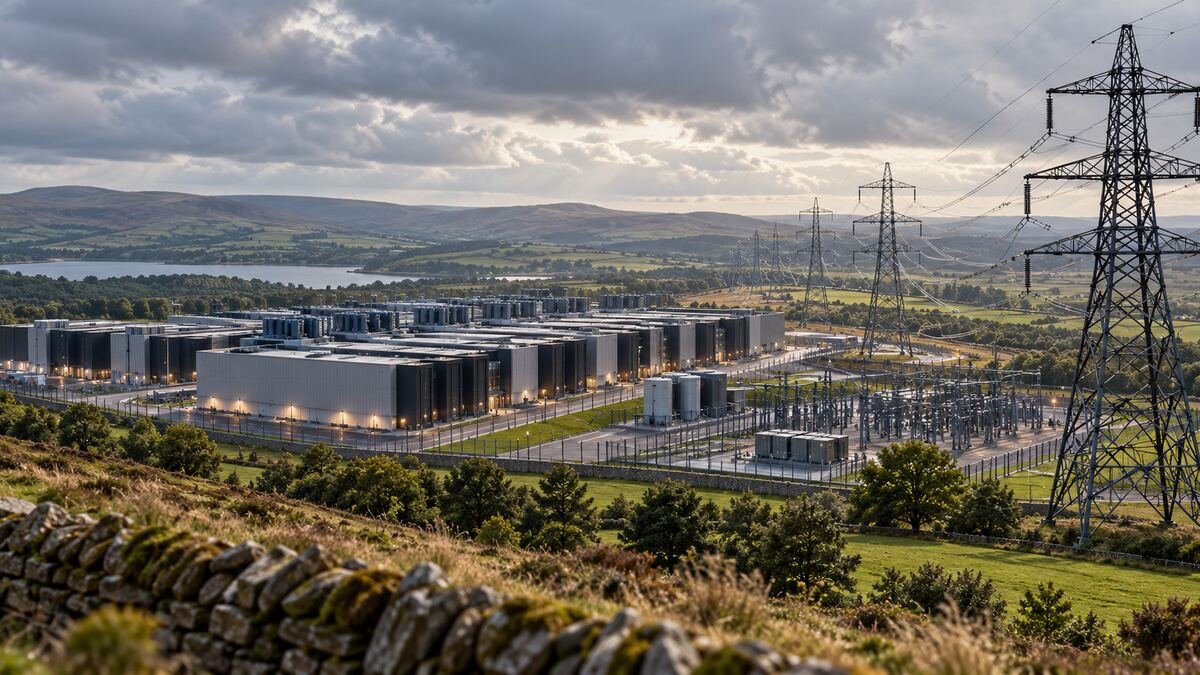 AI data center campus and electrical grid infrastructure under construction
