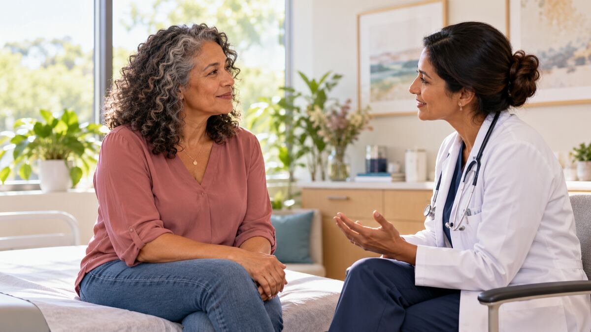 Woman speaking with a clinician about midlife health and menopause