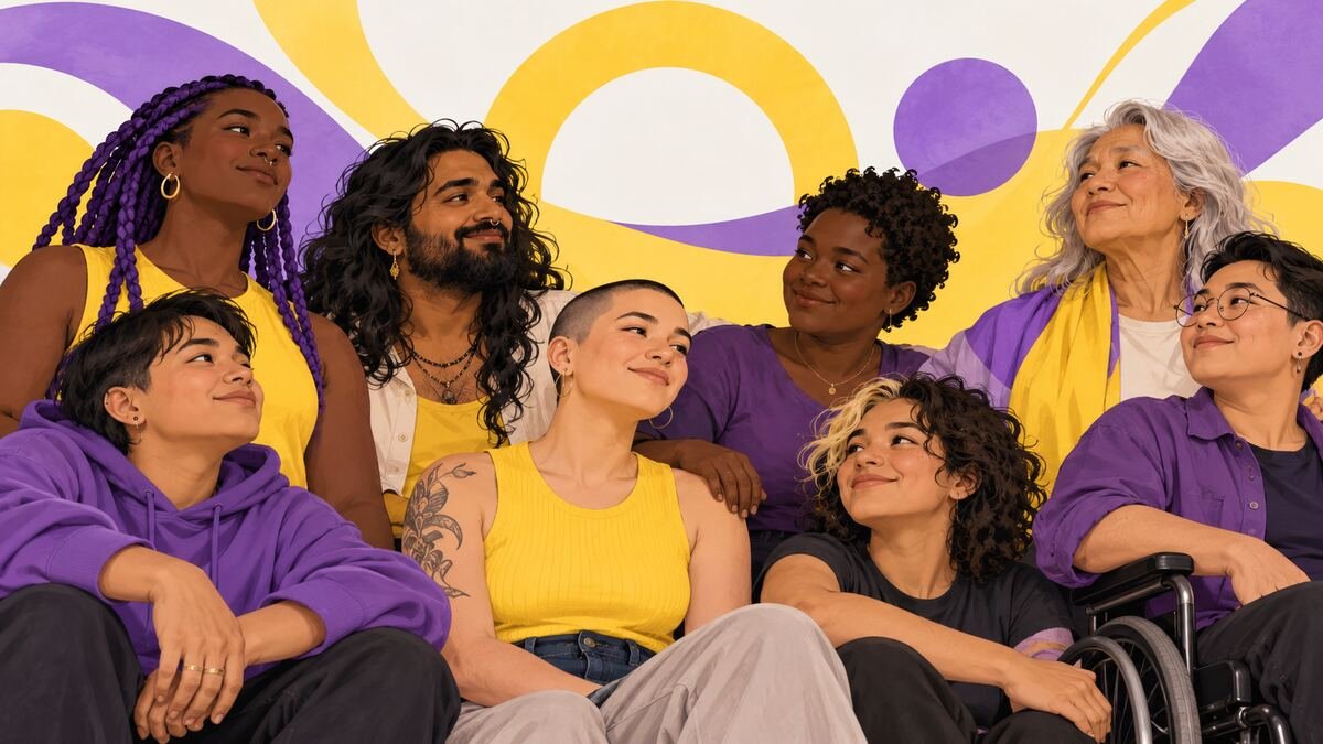 A diverse community gathered together with purple and yellow colors
