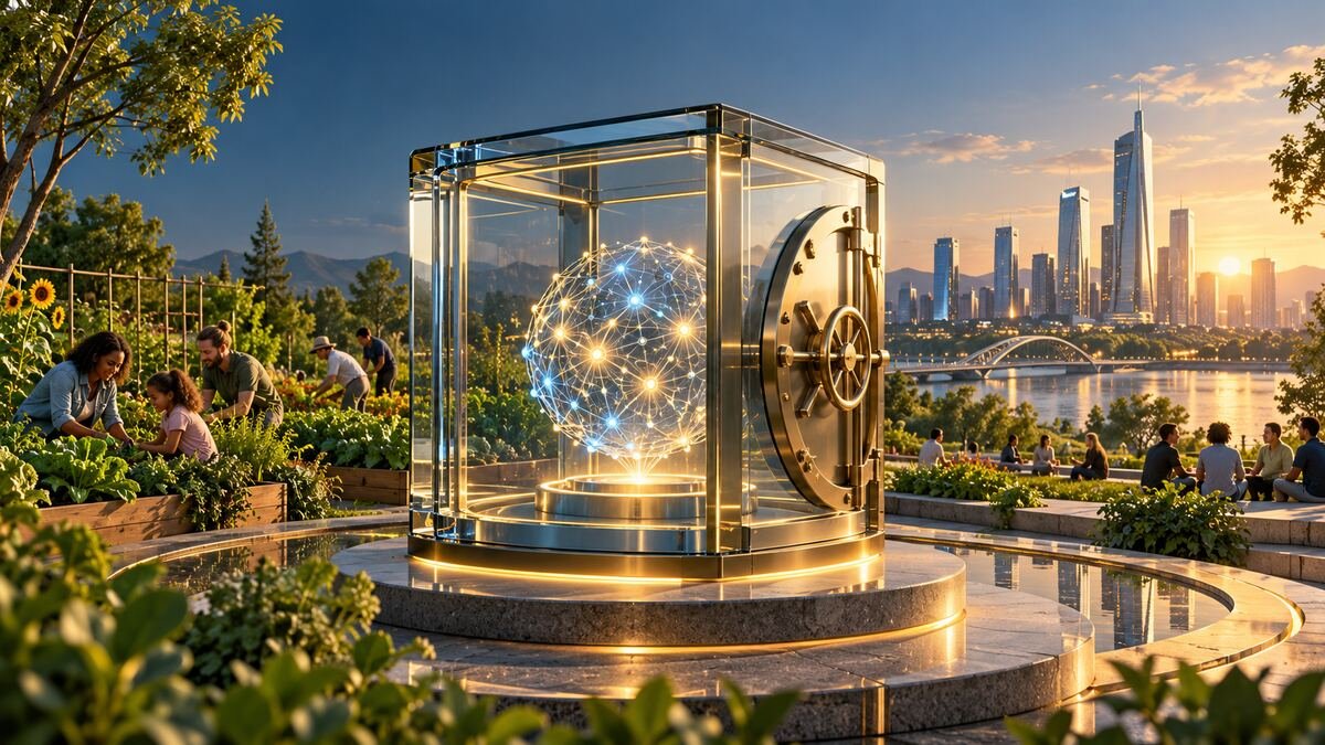 Illustration of a transparent fund vault supporting a community beside a glowing AI network