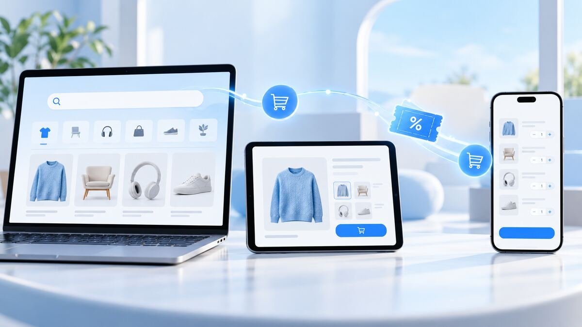 Shopping products and deal indicators gathered into a universal cart across laptop and phone screens