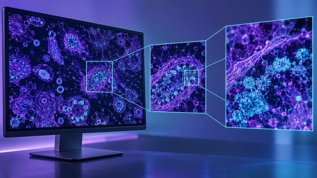 AI system zooming into selected regions of a scientific image on a large monitor