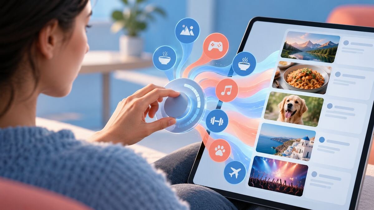 Person adjusting recommendation interests on a tablet as social feed topics update