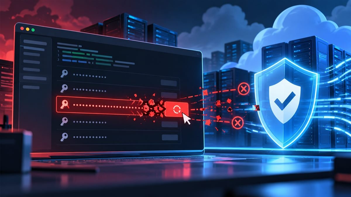 Illustration of a secure coding terminal with a highlighted exposed API key warning