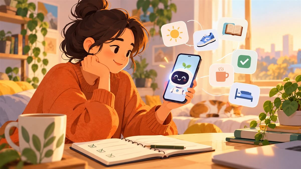 Warm abstract illustration of a person speaking with a small glowing AI companion on a phone