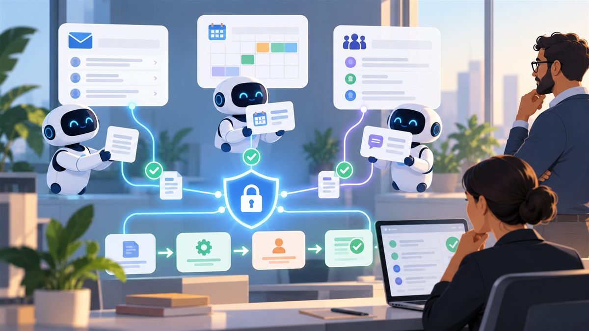 Editorial illustration of AI work agents organizing email and calendar tasks for a team