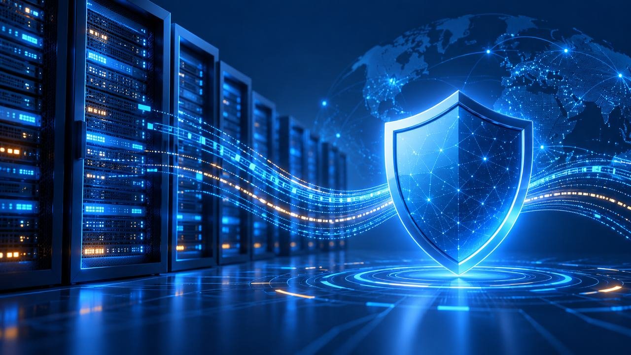Abstract web server infrastructure protected by a blue security shield, illustrating urgent PHP vulnerability patching