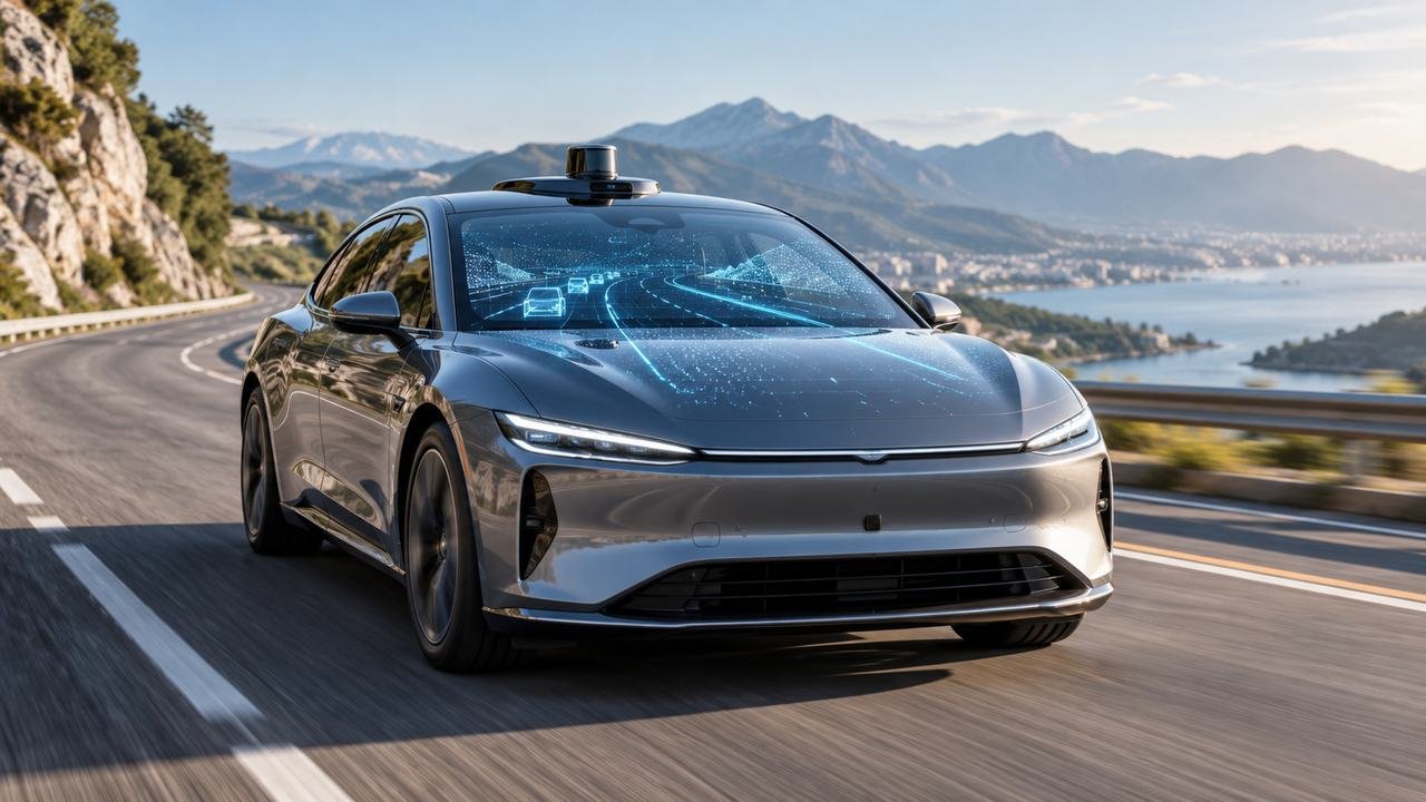 Modern electric vehicle on a road with subtle autonomous driving sensors
